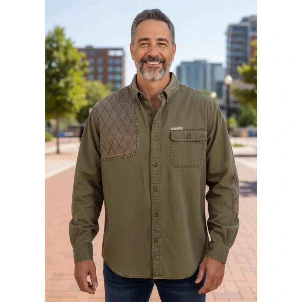 North River Mens Olive Green Quilted Shoulder Elbow Patch Button Up Shirt, Large